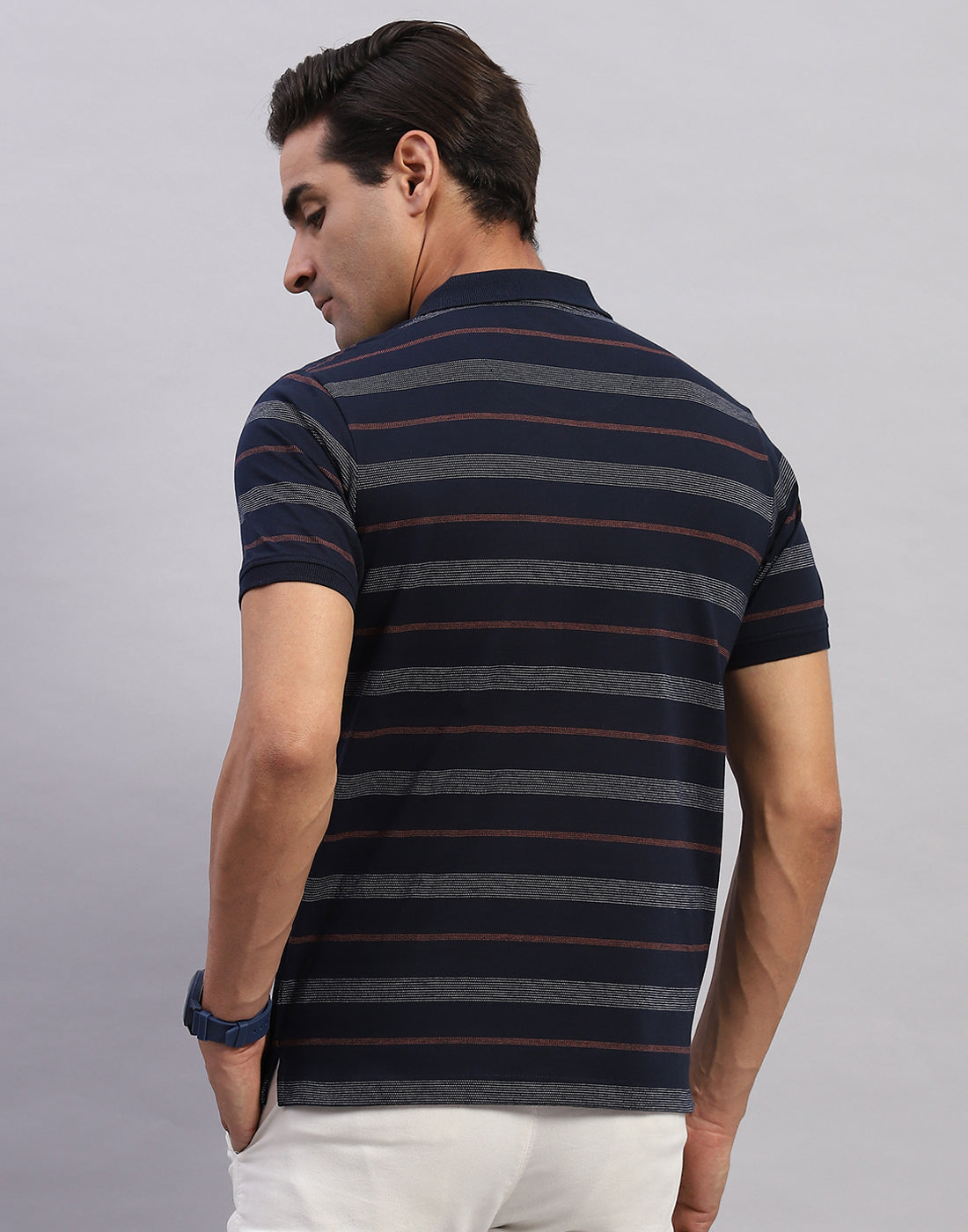 Men Navy Blue Stripe Polo Collar Half Sleeve T-Shirt