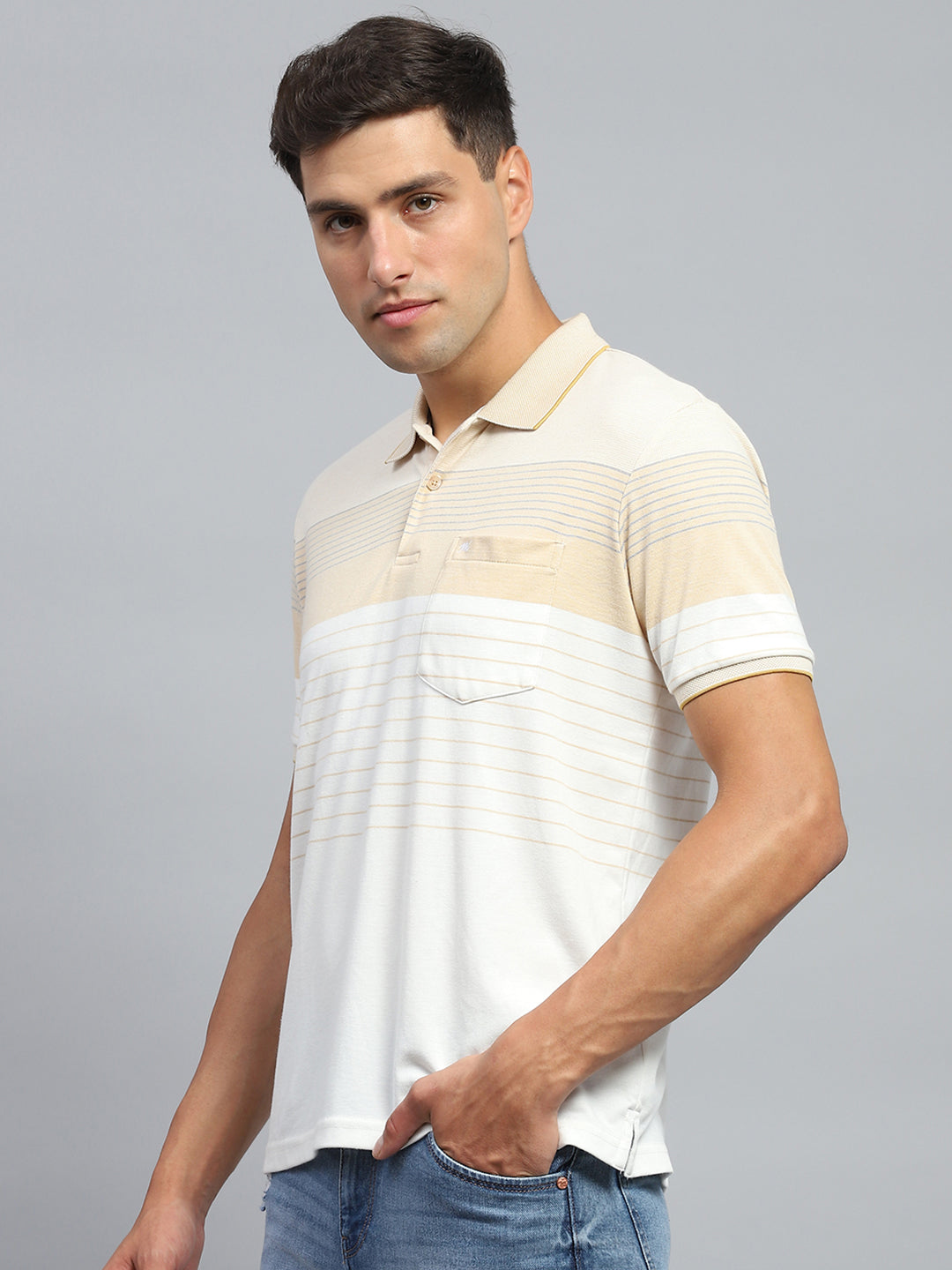 Men Beige Stripe Collar Half Sleeve T-Shirt