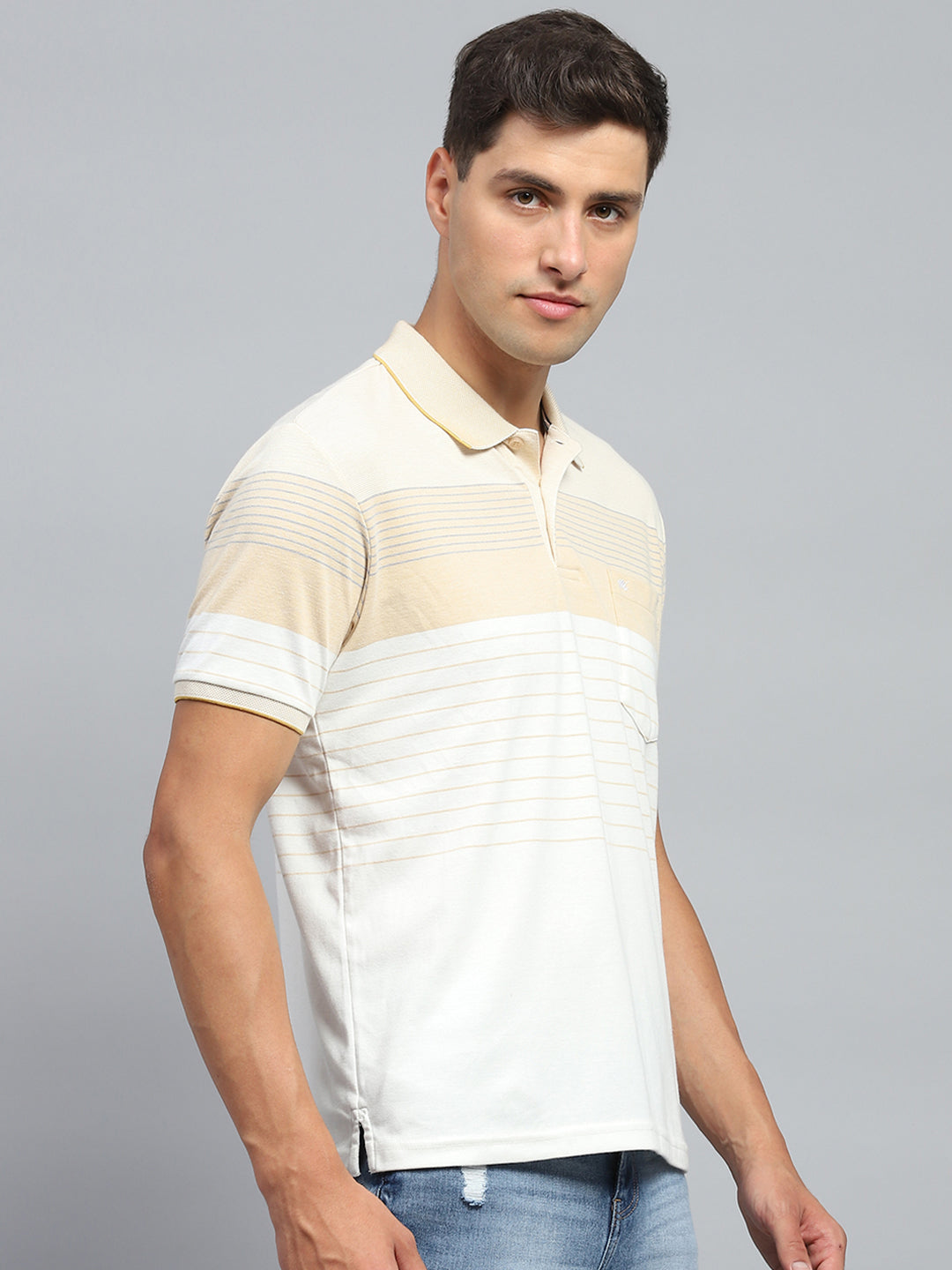 Men Beige Stripe Collar Half Sleeve T-Shirt