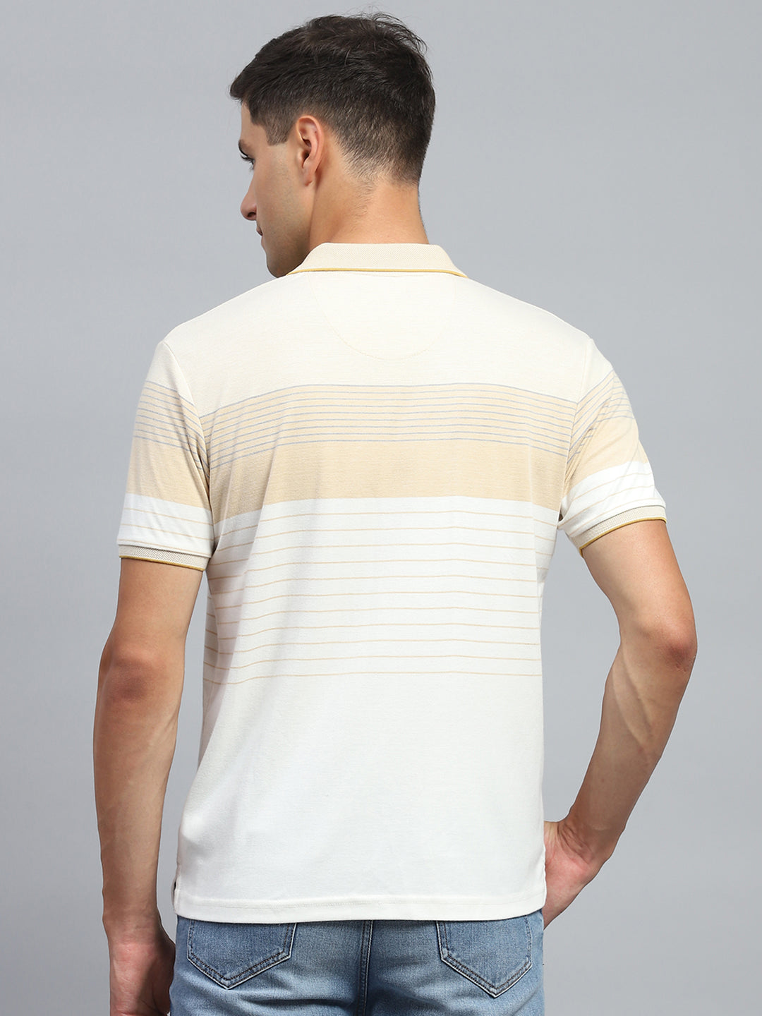 Men Beige Stripe Collar Half Sleeve T-Shirt