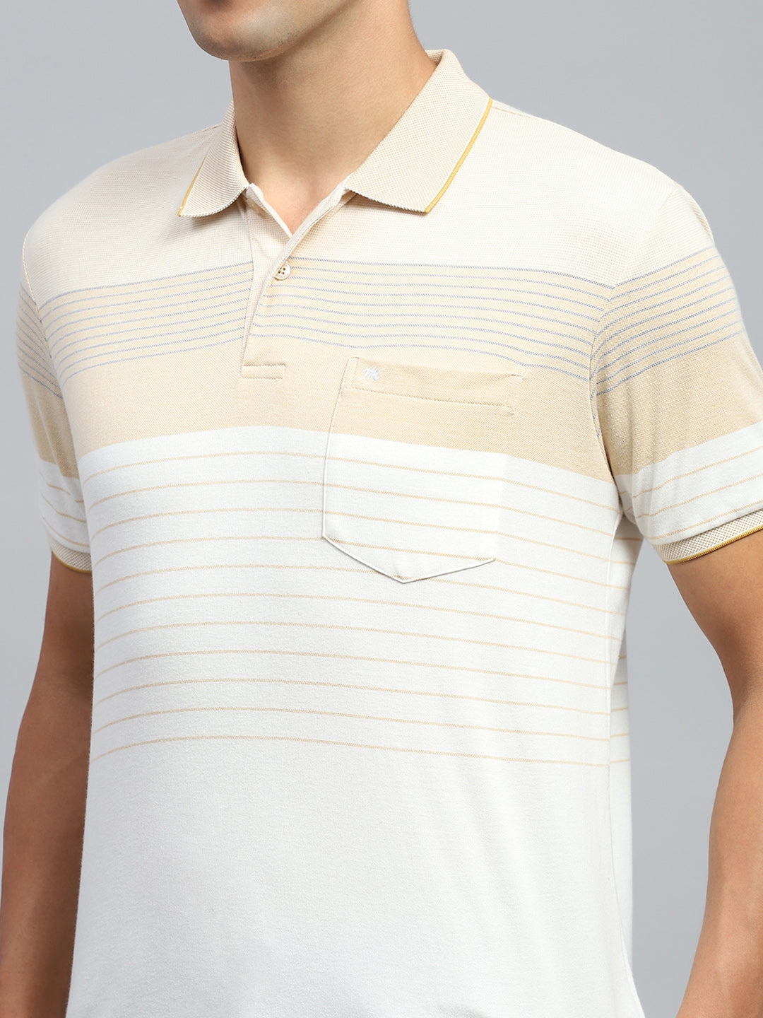 Men Beige Stripe Collar Half Sleeve T-Shirt