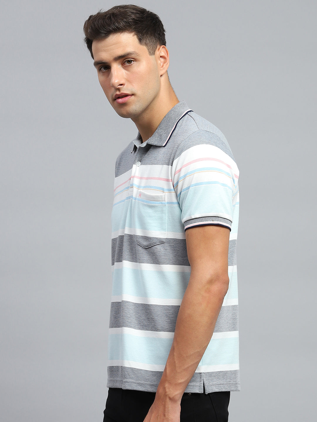 Men Blue Stripe Collar Half Sleeve T-Shirt