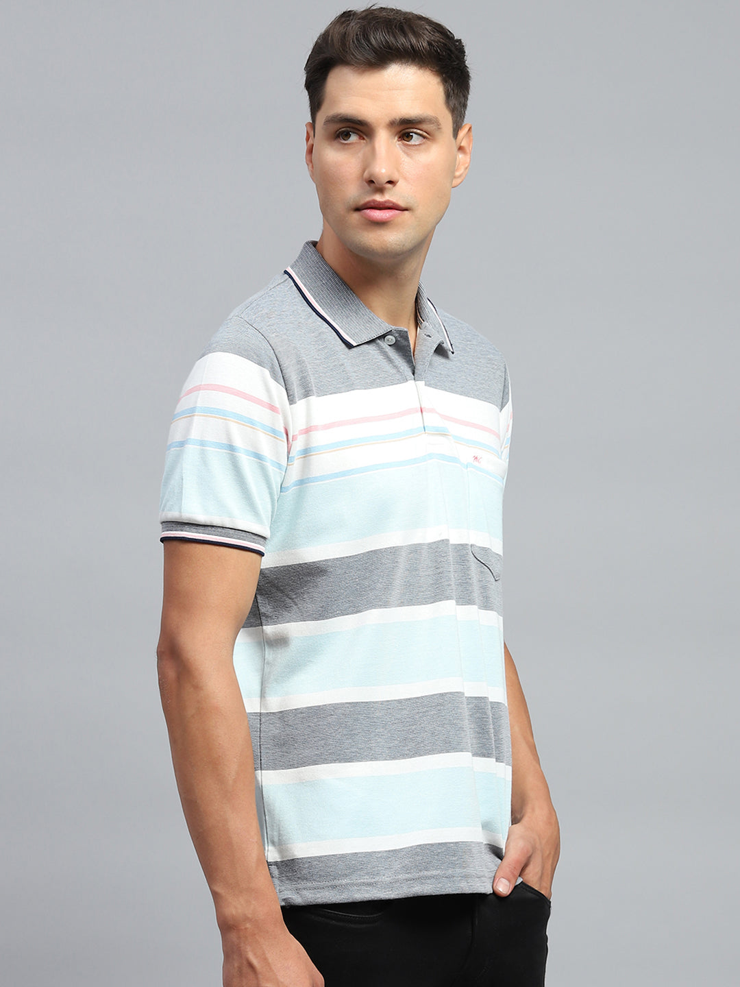 Men Blue Stripe Collar Half Sleeve T-Shirt