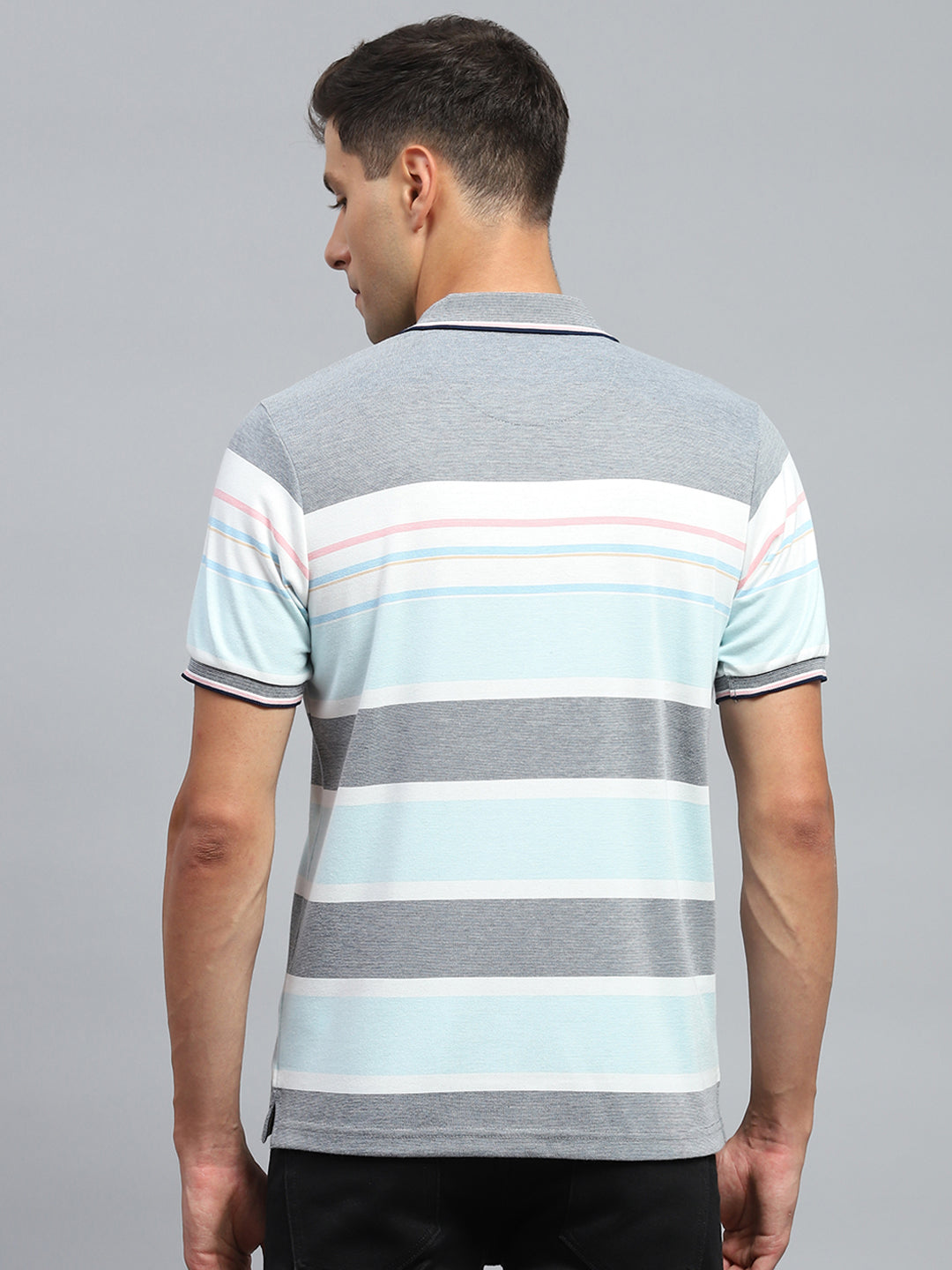 Men Blue Stripe Collar Half Sleeve T-Shirt