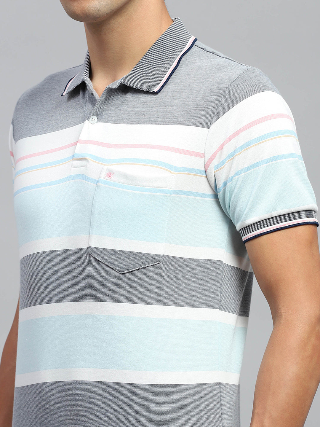 Men Blue Stripe Collar Half Sleeve T-Shirt