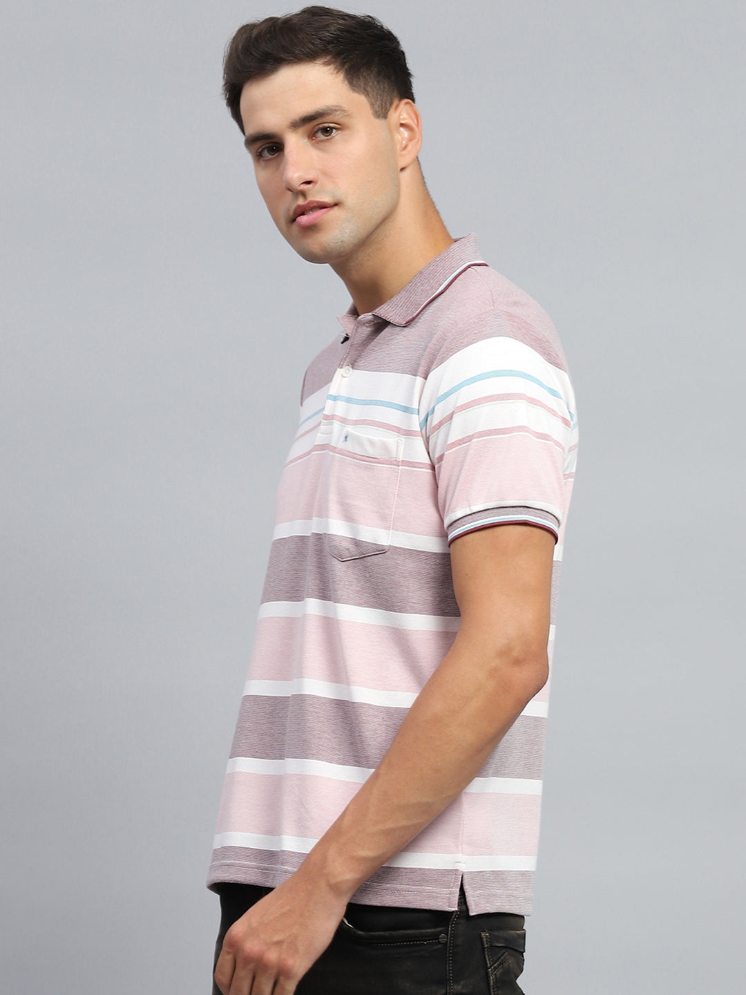 Men Pink Stripe Collar Half Sleeve T-Shirt