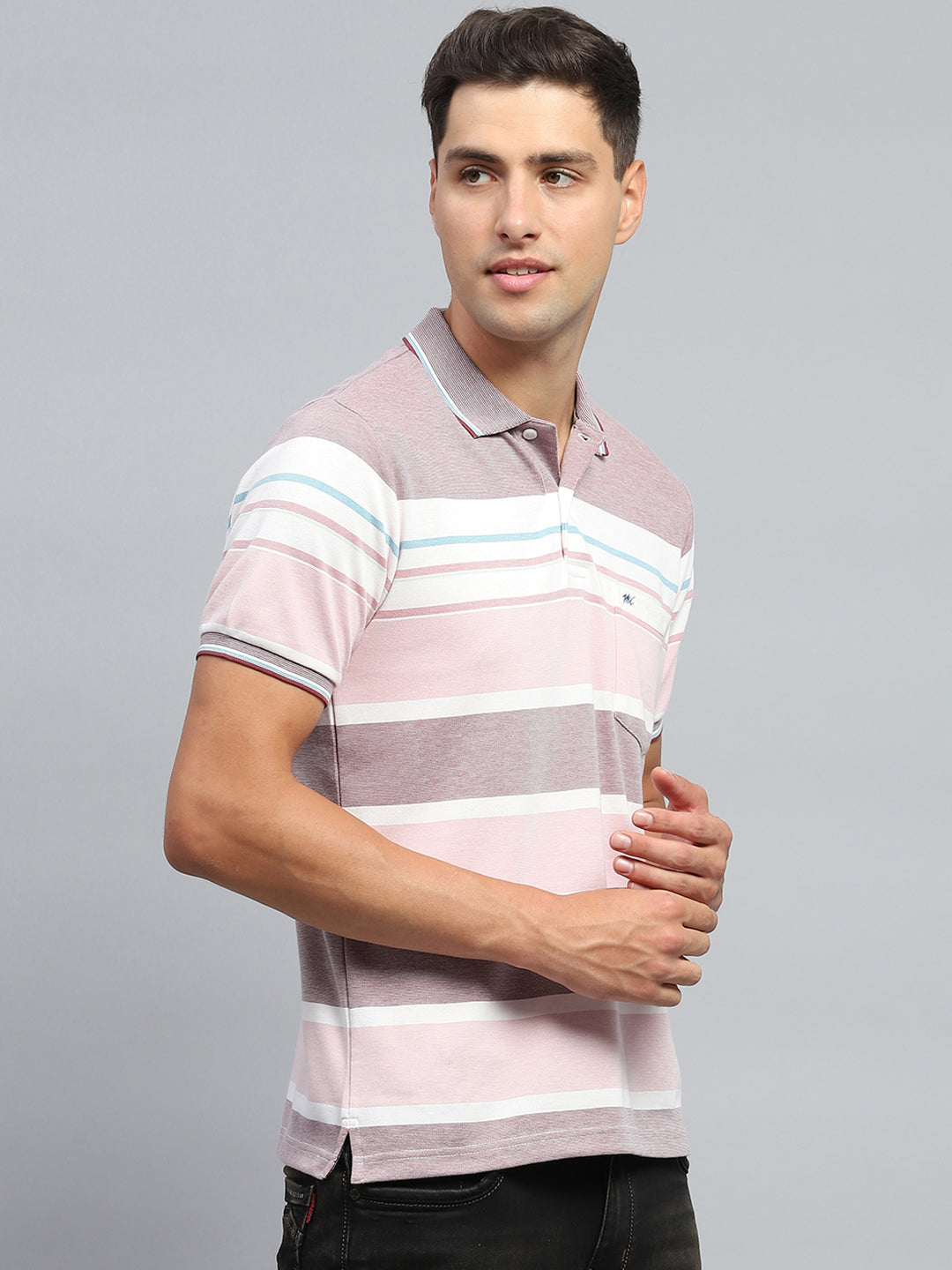 Men Pink Stripe Collar Half Sleeve T-Shirt