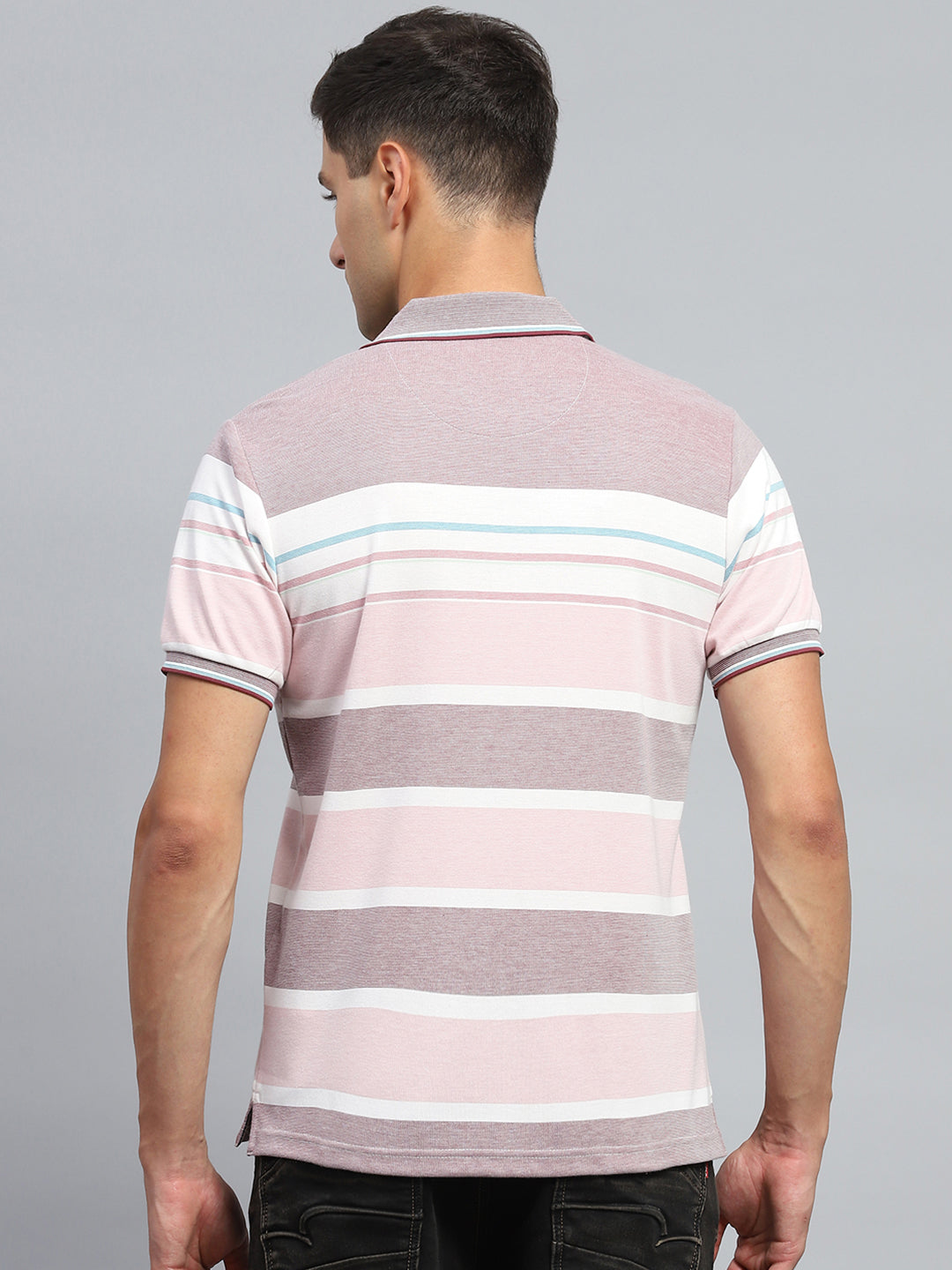 Men Pink Stripe Collar Half Sleeve T-Shirt