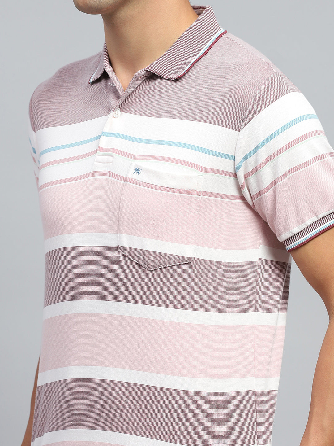 Men Pink Stripe Collar Half Sleeve T-Shirt