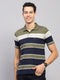 Men Green Stripe Collar Half Sleeve T-Shirt