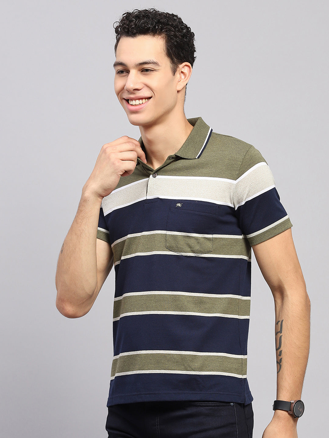 Men Green Stripe Collar Half Sleeve T-Shirt