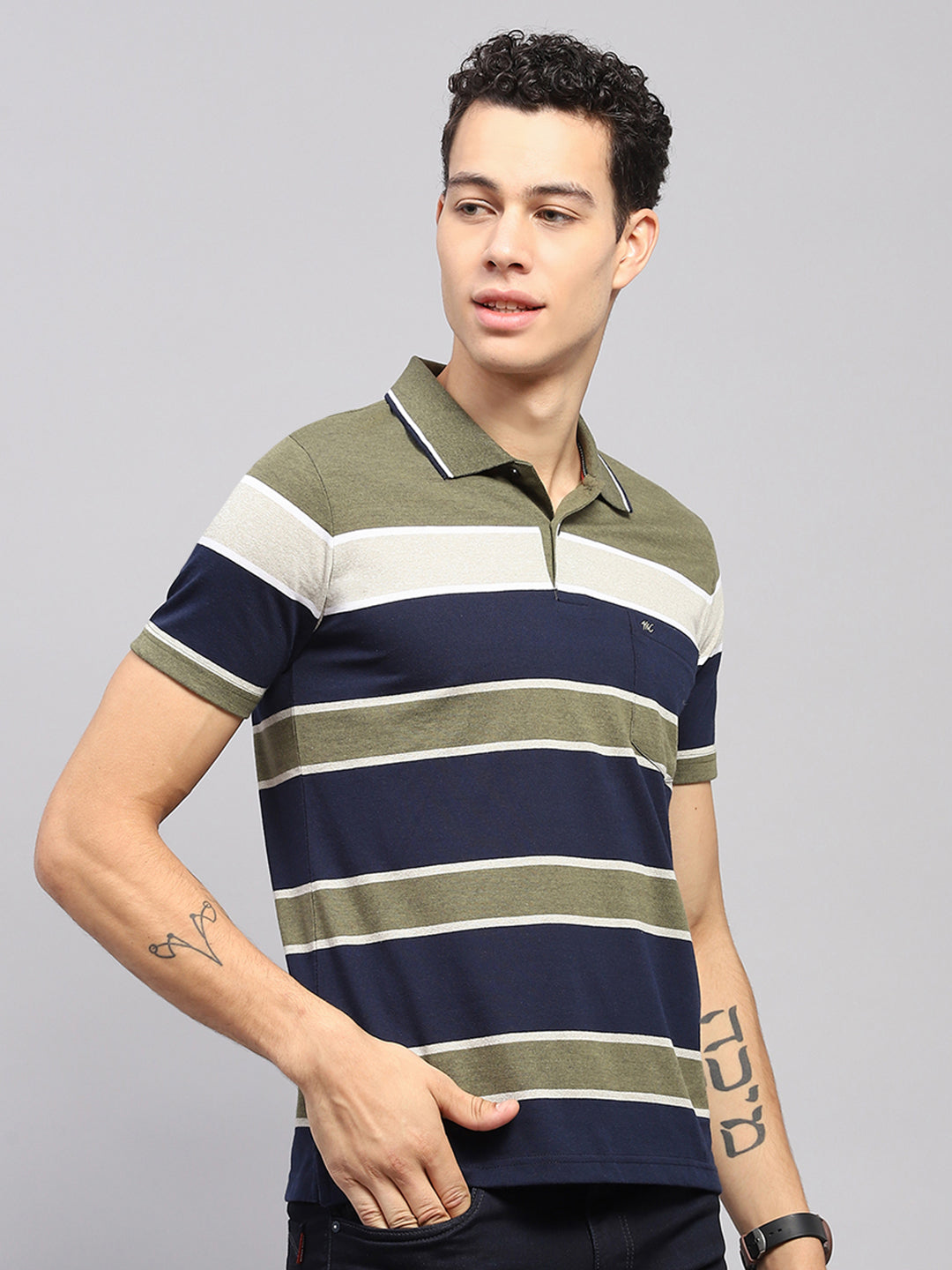 Men Green Stripe Collar Half Sleeve T-Shirt