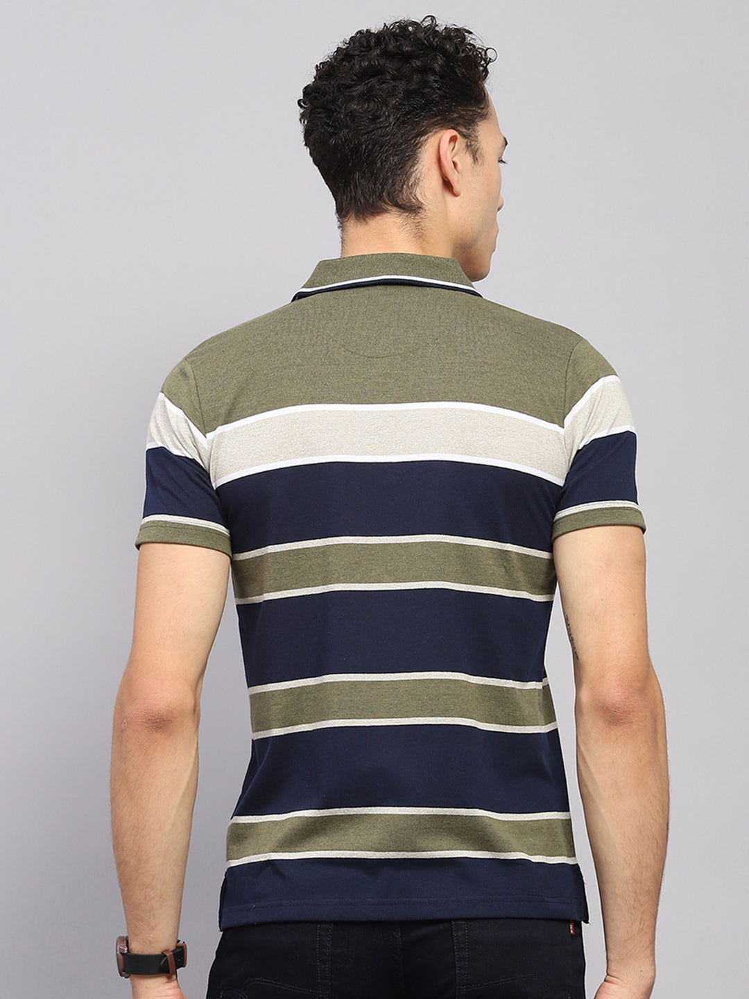 Men Green Stripe Collar Half Sleeve T-Shirt