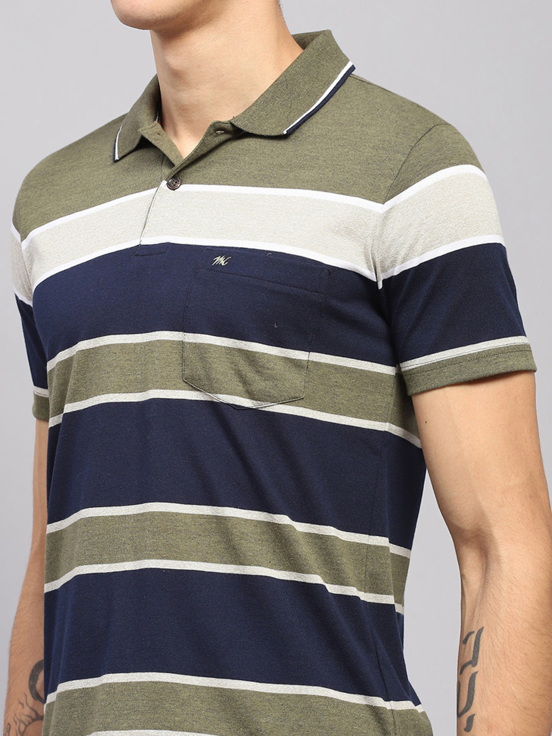 Men Green Stripe Collar Half Sleeve T-Shirt