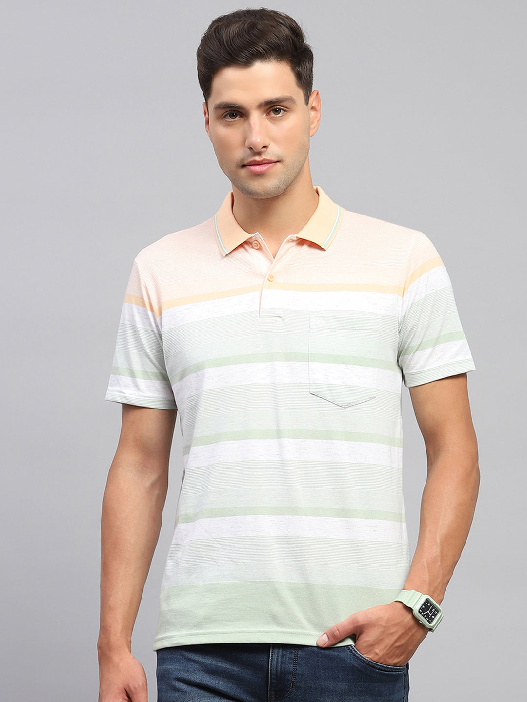 Men Multicolor Stripe Polo Collar Half Sleeve T-Shirt