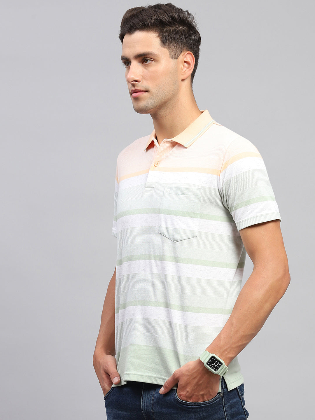 Men Multicolor Stripe Polo Collar Half Sleeve T-Shirt