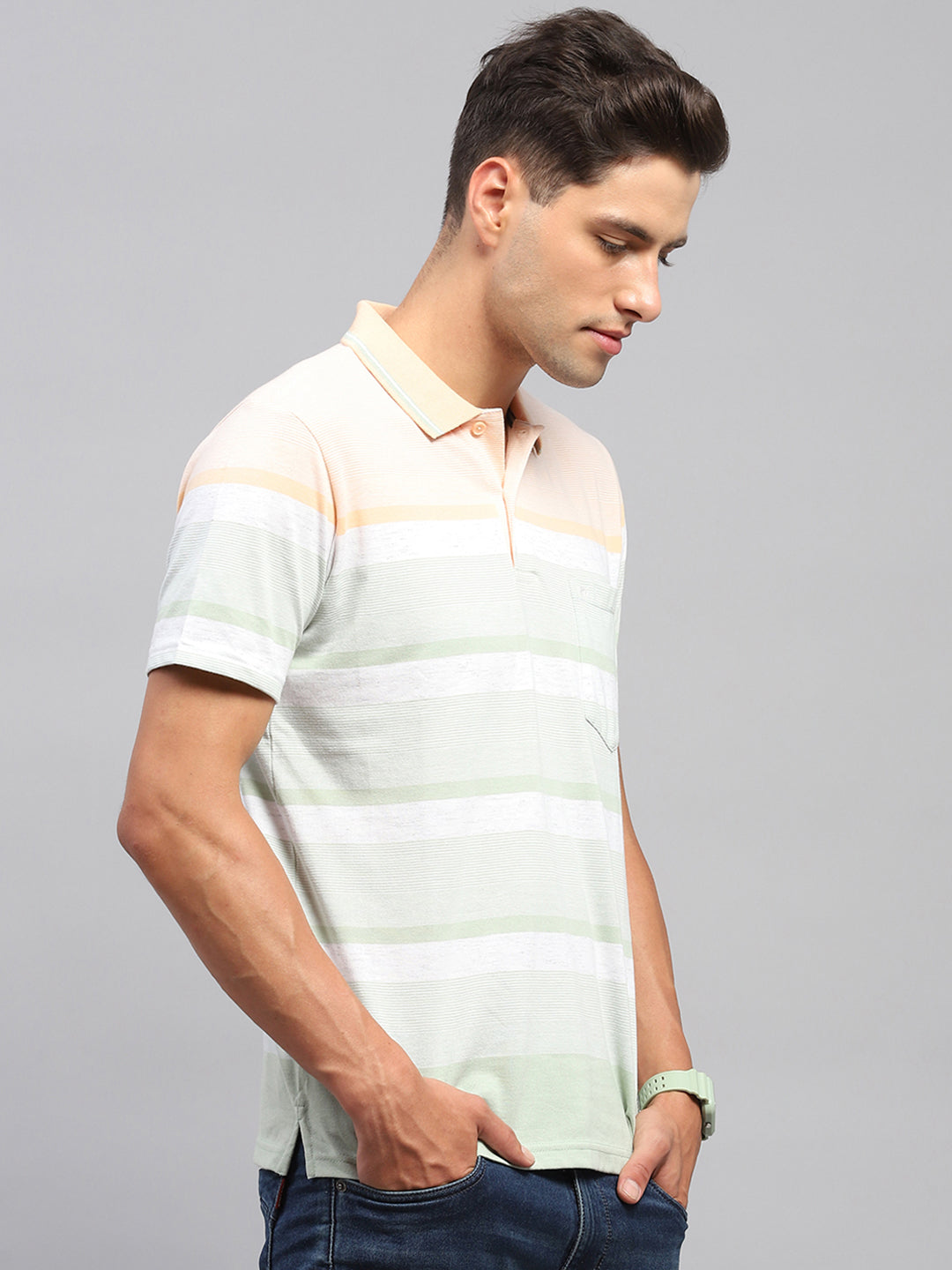 Men Multicolor Stripe Polo Collar Half Sleeve T-Shirt