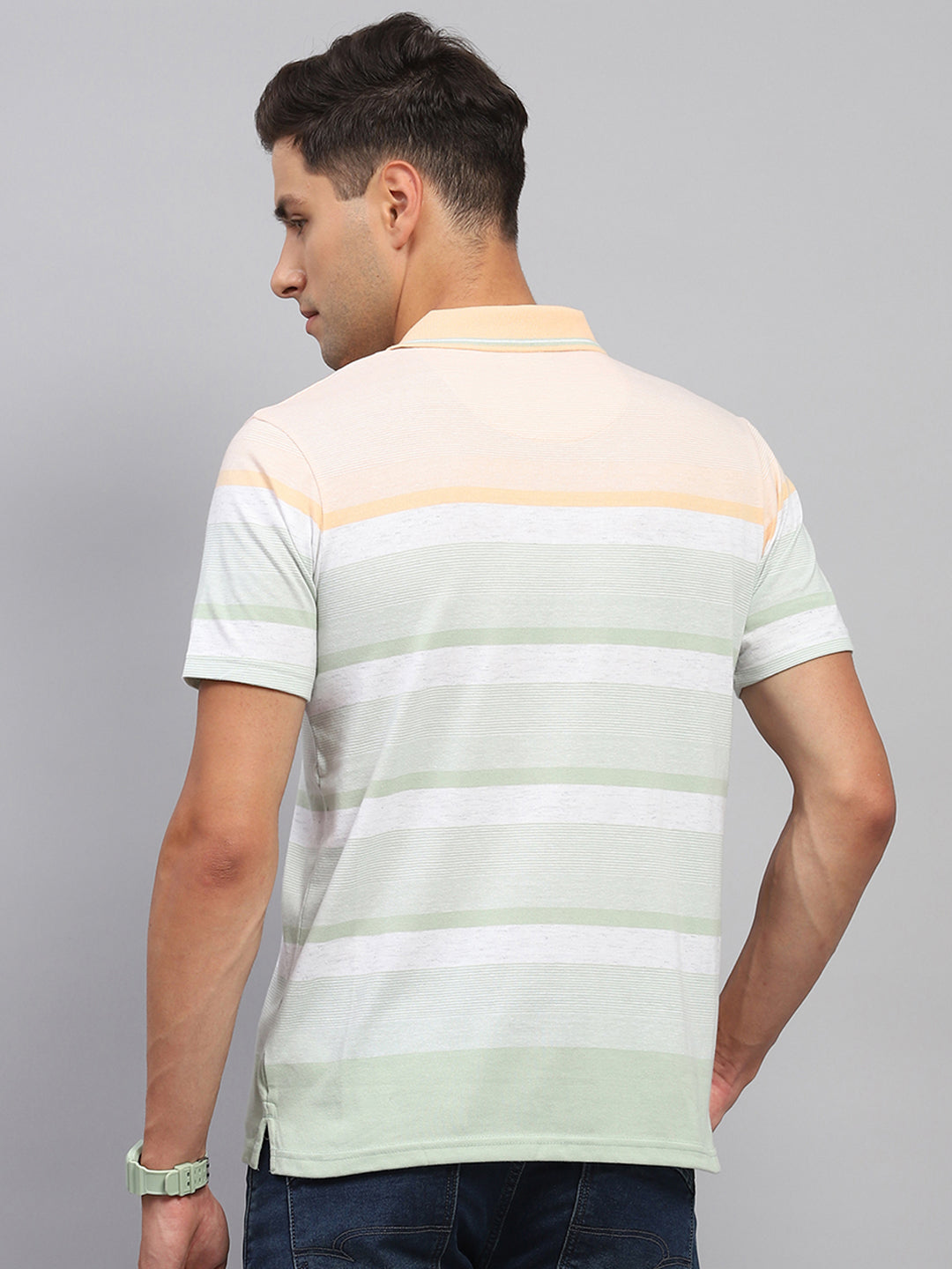 Men Multicolor Stripe Polo Collar Half Sleeve T-Shirt