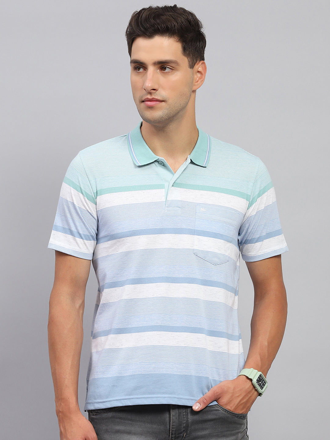 Men Sky Blue Stripe Polo Collar Half Sleeve T-Shirt