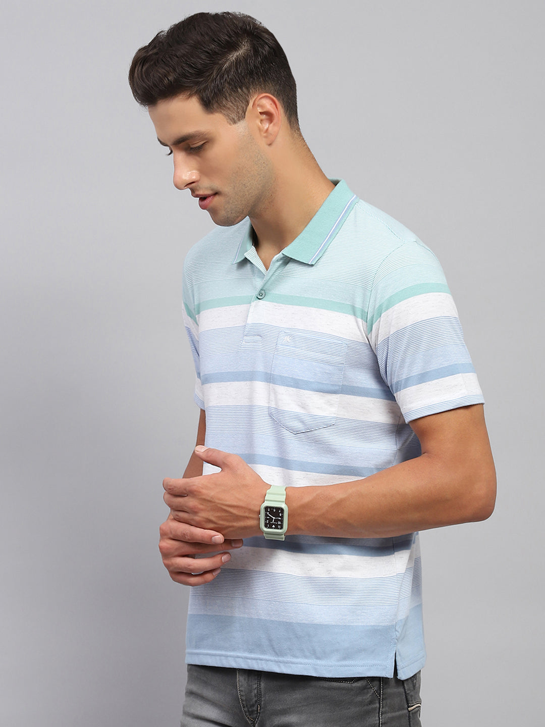 Men Sky Blue Stripe Polo Collar Half Sleeve T-Shirt