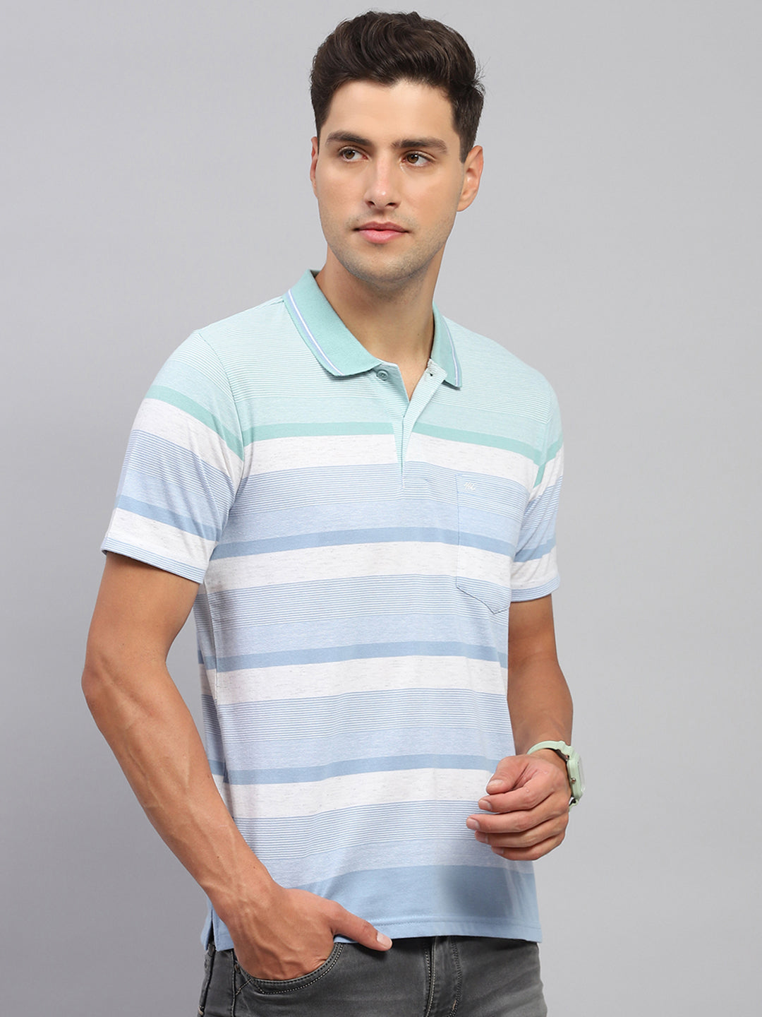 Men Sky Blue Stripe Polo Collar Half Sleeve T-Shirt