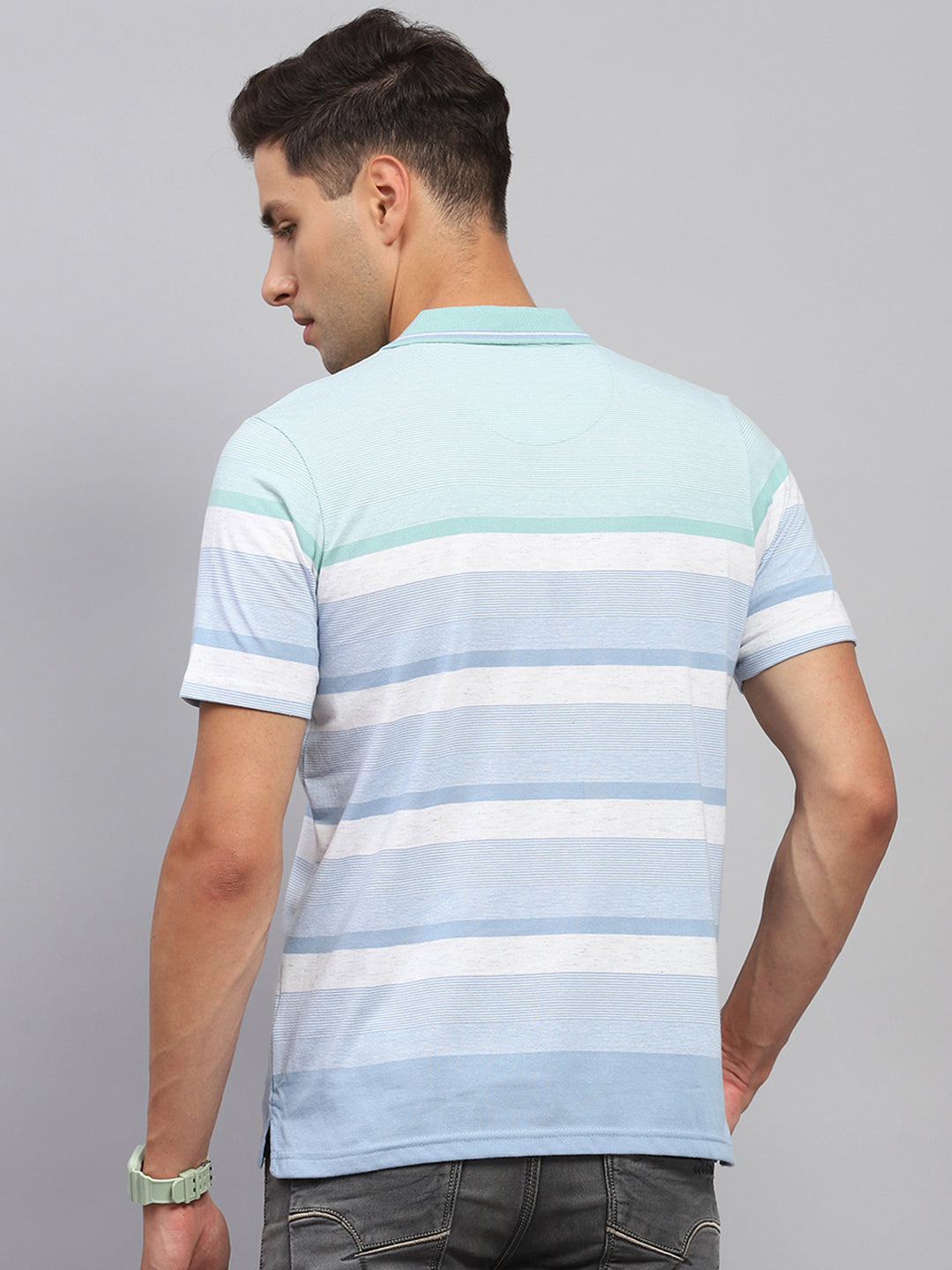 Men Sky Blue Stripe Polo Collar Half Sleeve T-Shirt