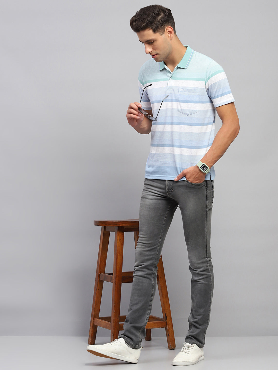 Men Sky Blue Stripe Polo Collar Half Sleeve T-Shirt