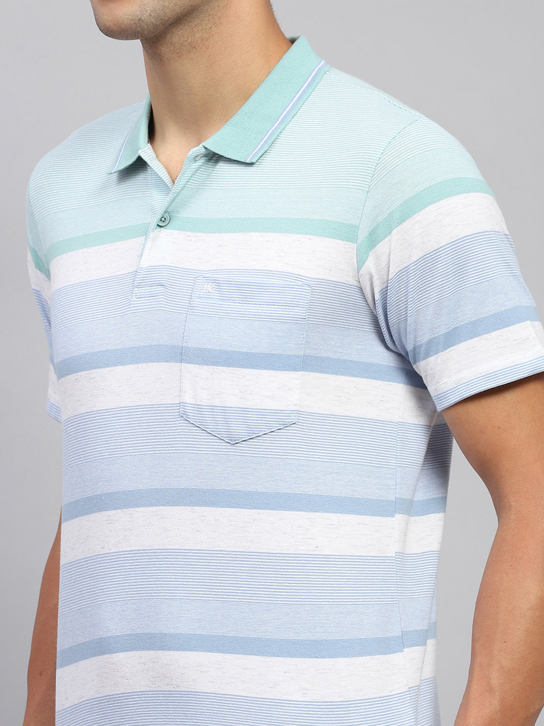 Men Sky Blue Stripe Polo Collar Half Sleeve T-Shirt