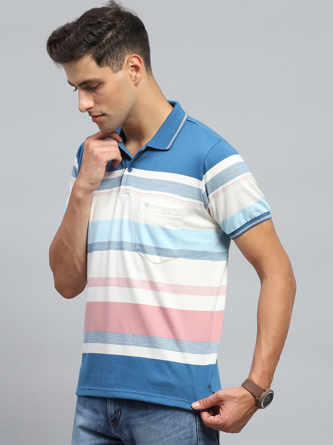 Men Blue Stripe Collar Half Sleeve T-Shirt