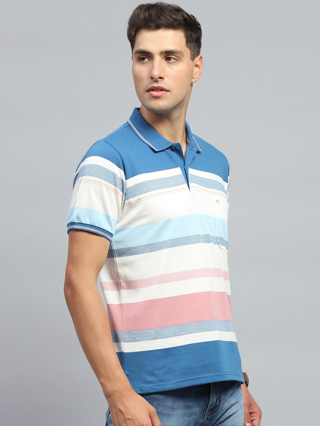 Men Blue Stripe Collar Half Sleeve T-Shirt