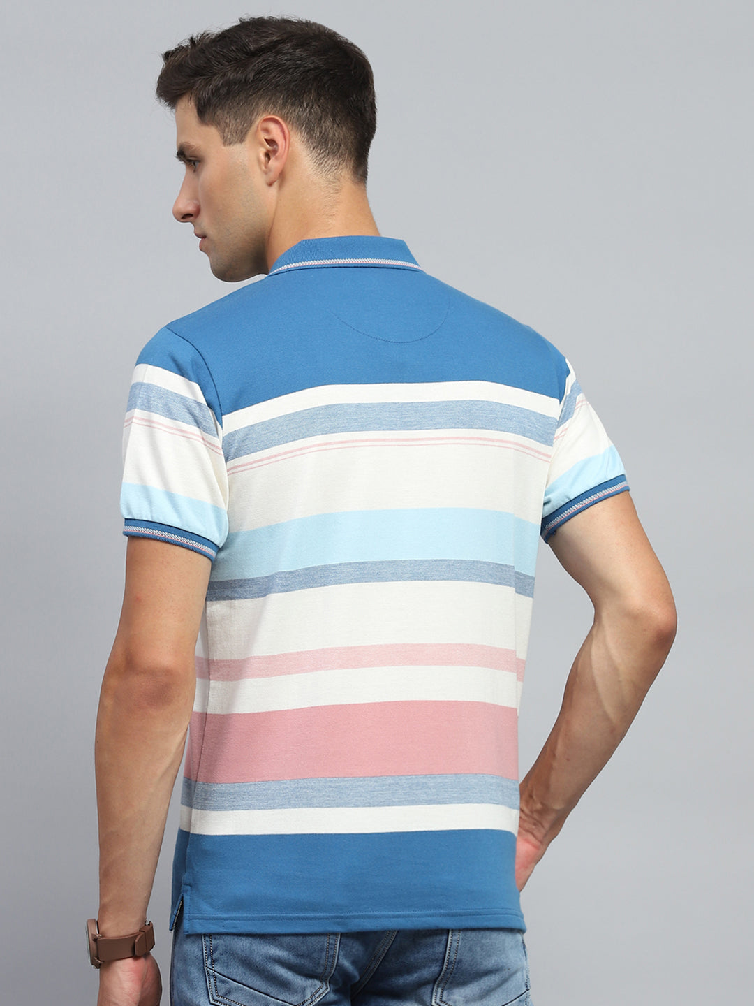 Men Blue Stripe Collar Half Sleeve T-Shirt