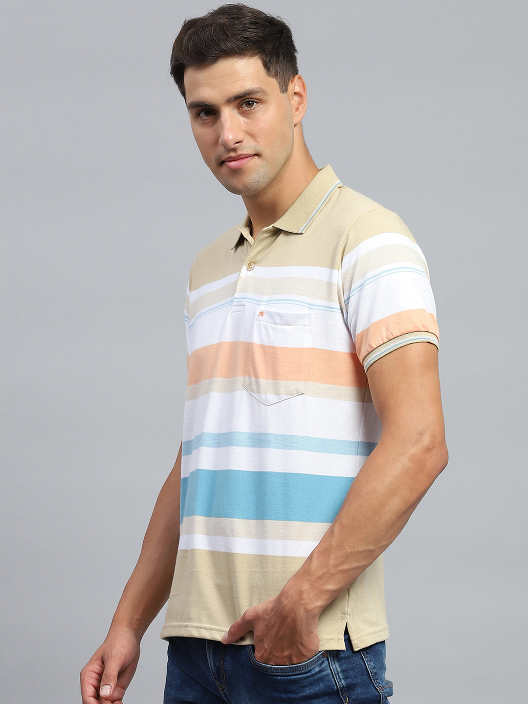 Men Beige Stripe Collar Half Sleeve T-Shirt