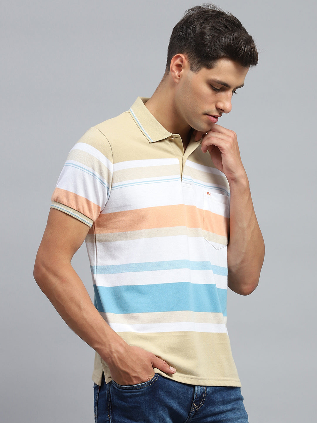 Men Beige Stripe Collar Half Sleeve T-Shirt