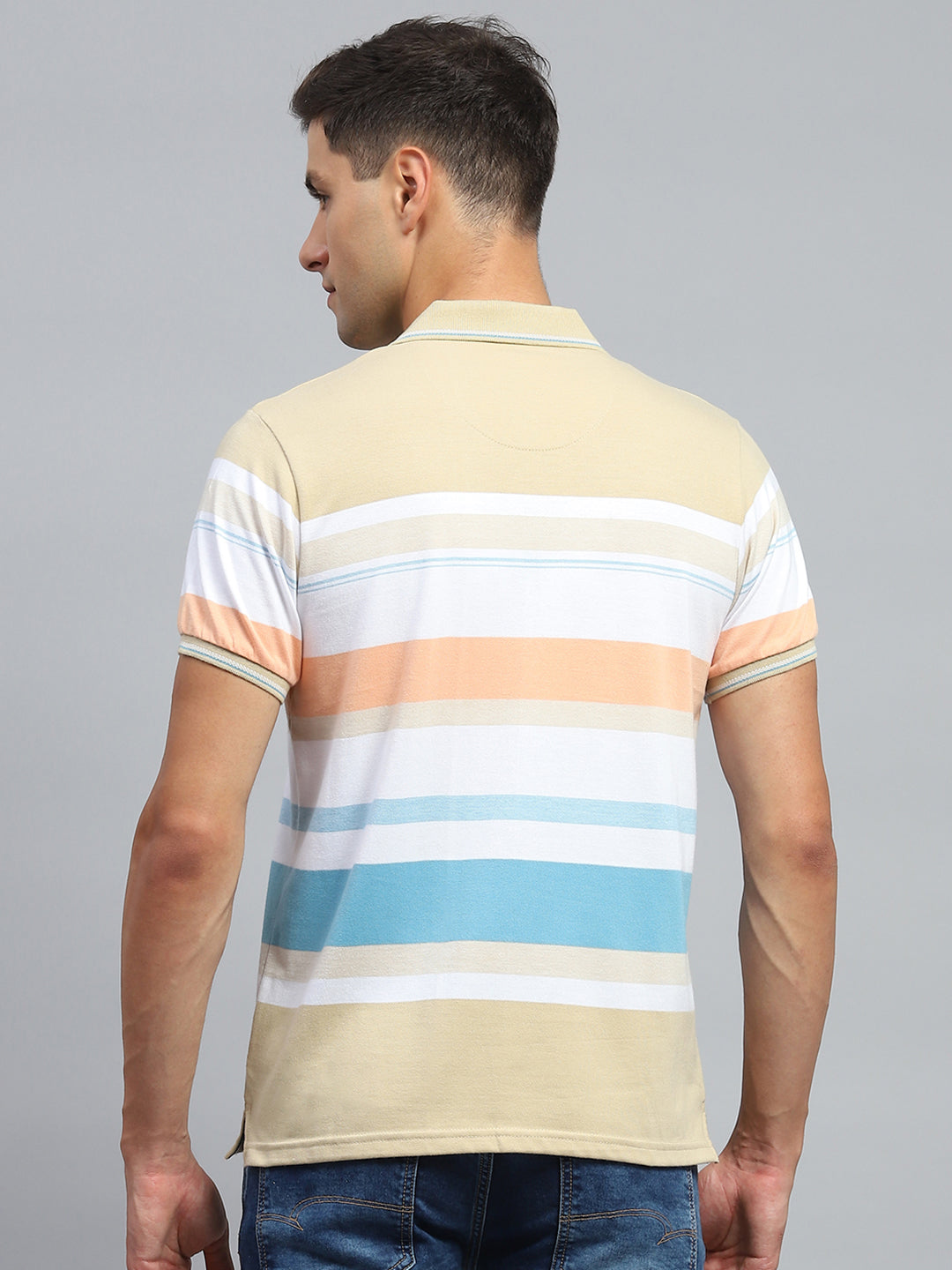 Men Beige Stripe Collar Half Sleeve T-Shirt