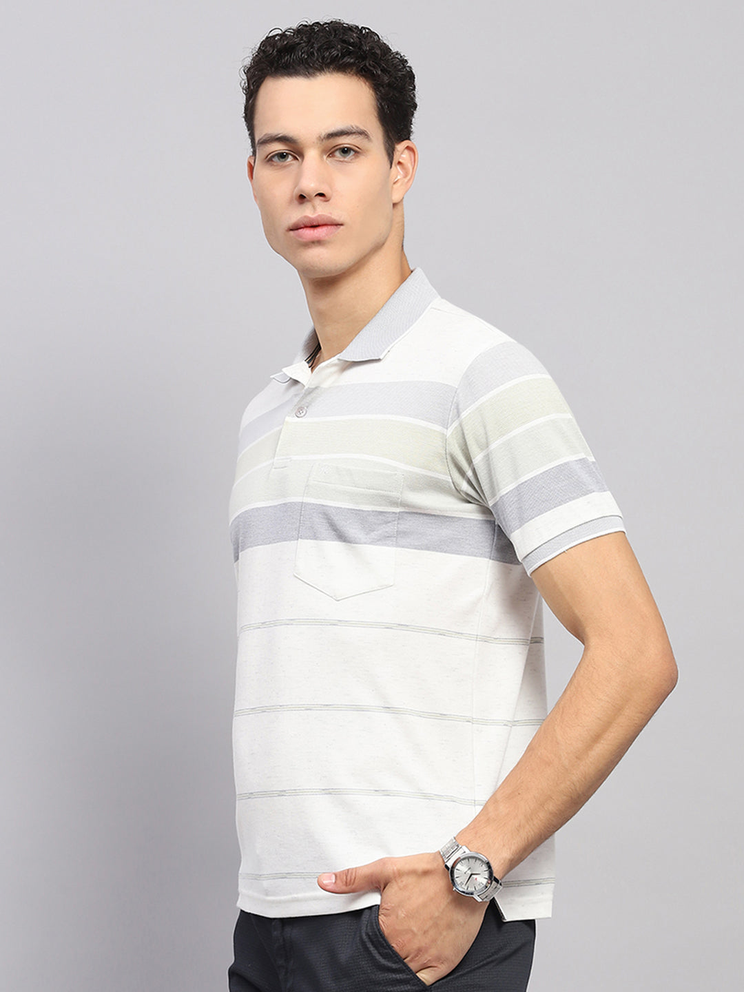 Men Grey Stripe Collar Half Sleeve T-Shirt