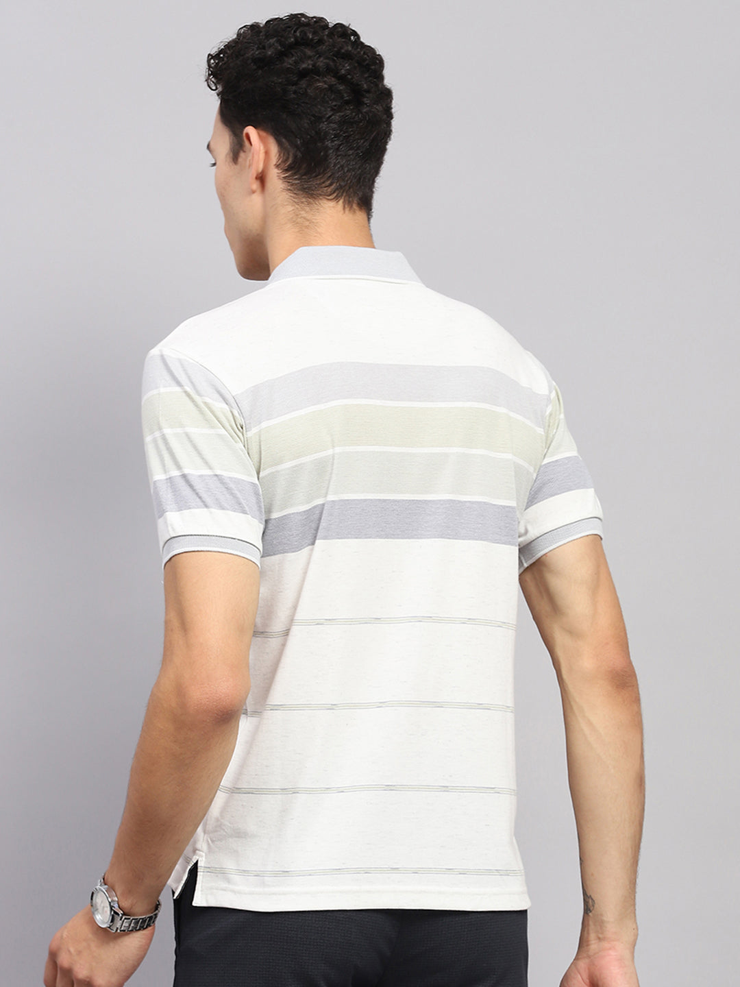 Men Grey Stripe Collar Half Sleeve T-Shirt