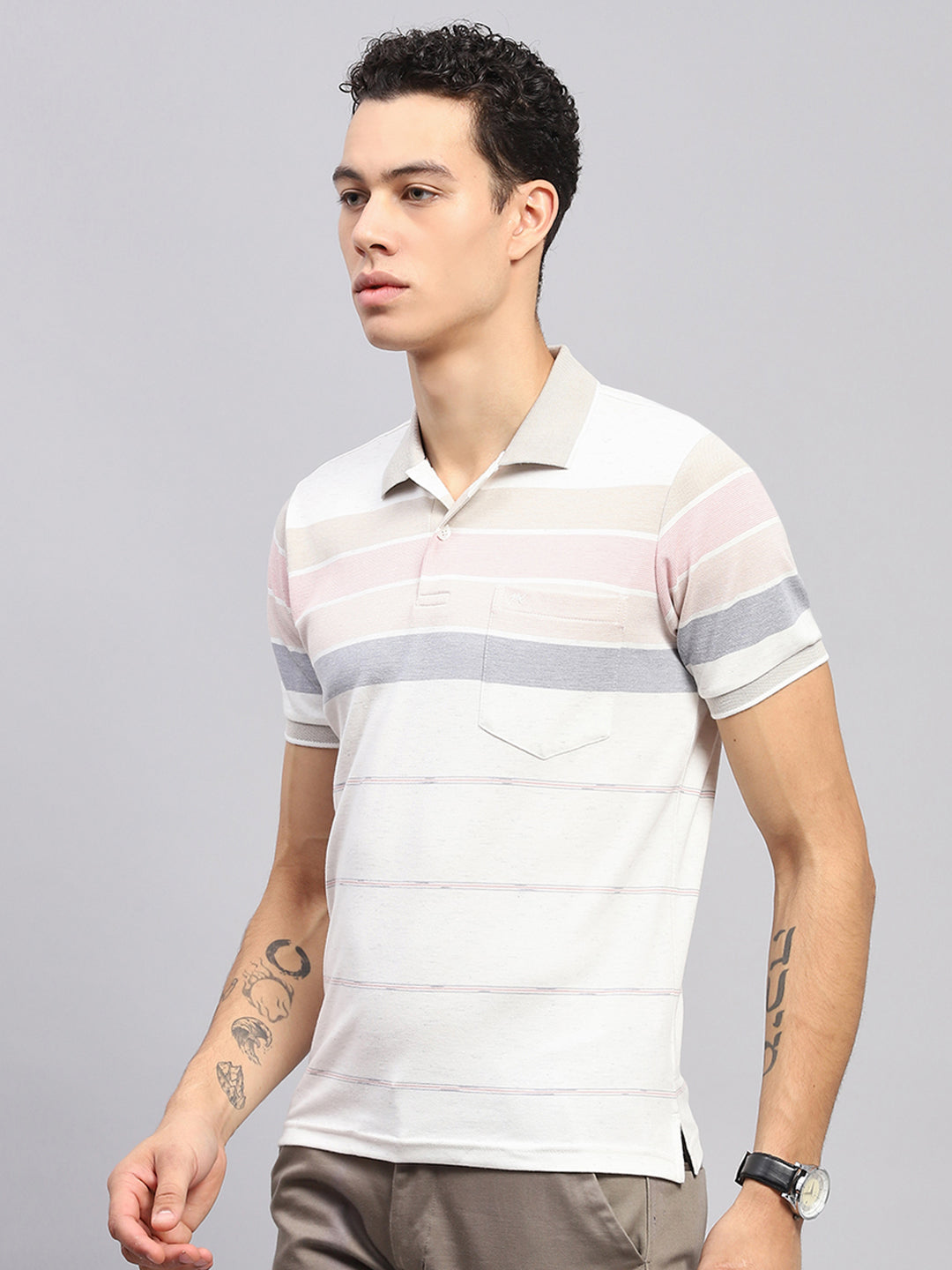 Men Pink Stripe Collar Half Sleeve T-Shirt