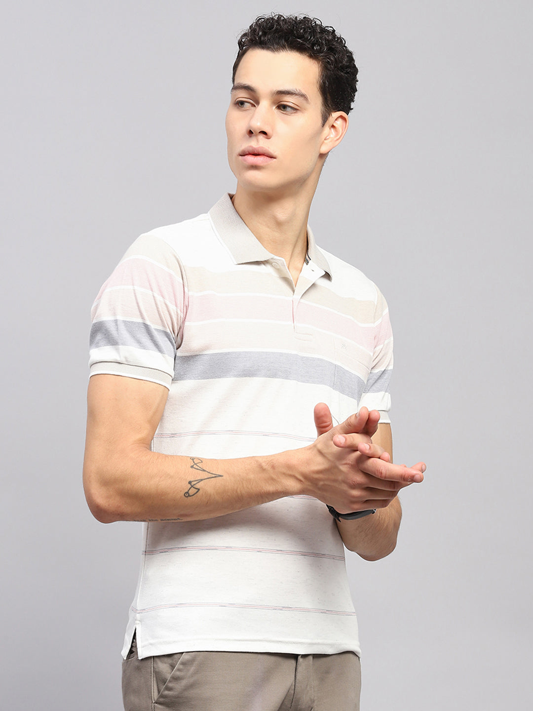 Men Pink Stripe Collar Half Sleeve T-Shirt