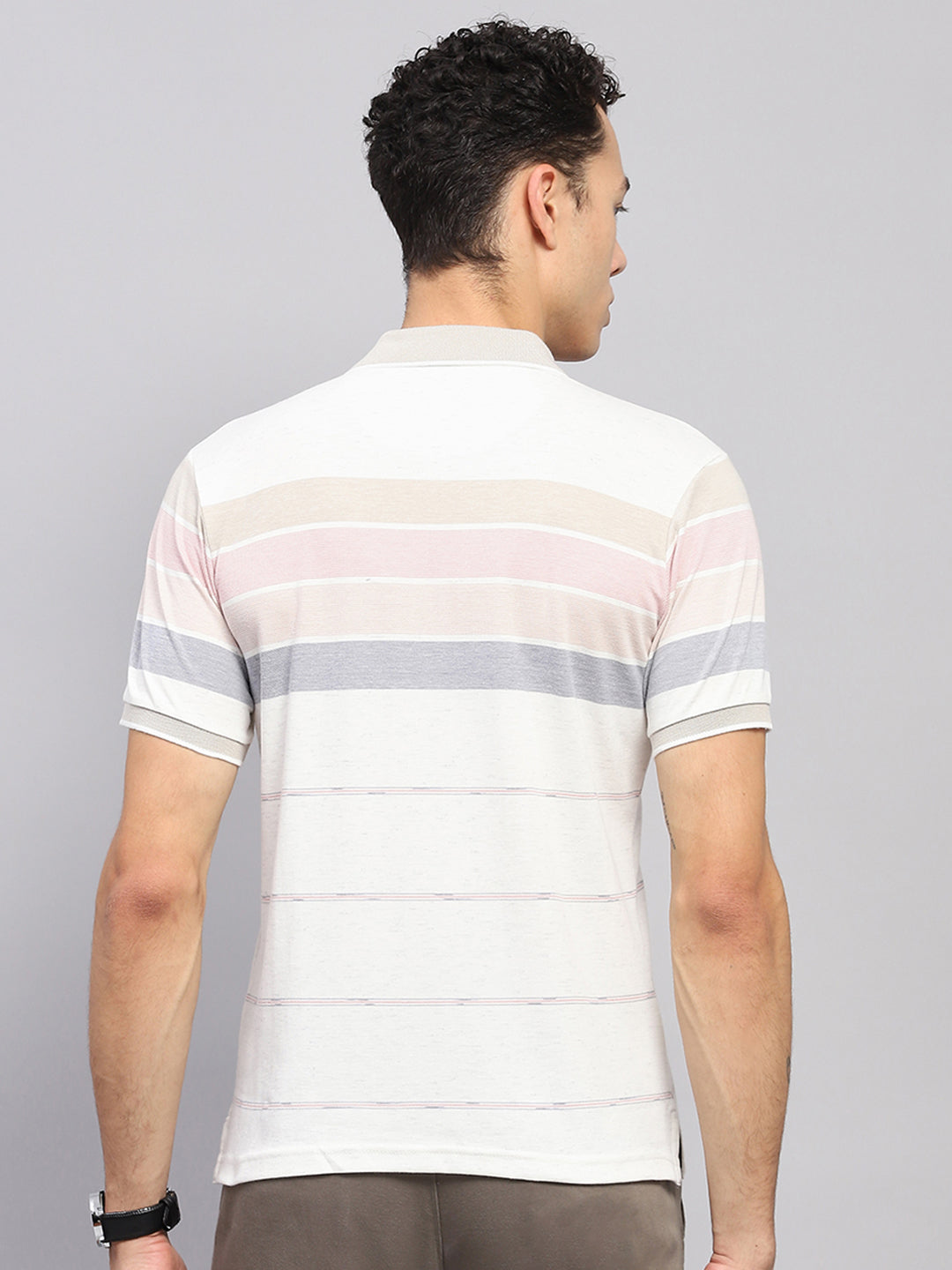 Men Pink Stripe Collar Half Sleeve T-Shirt