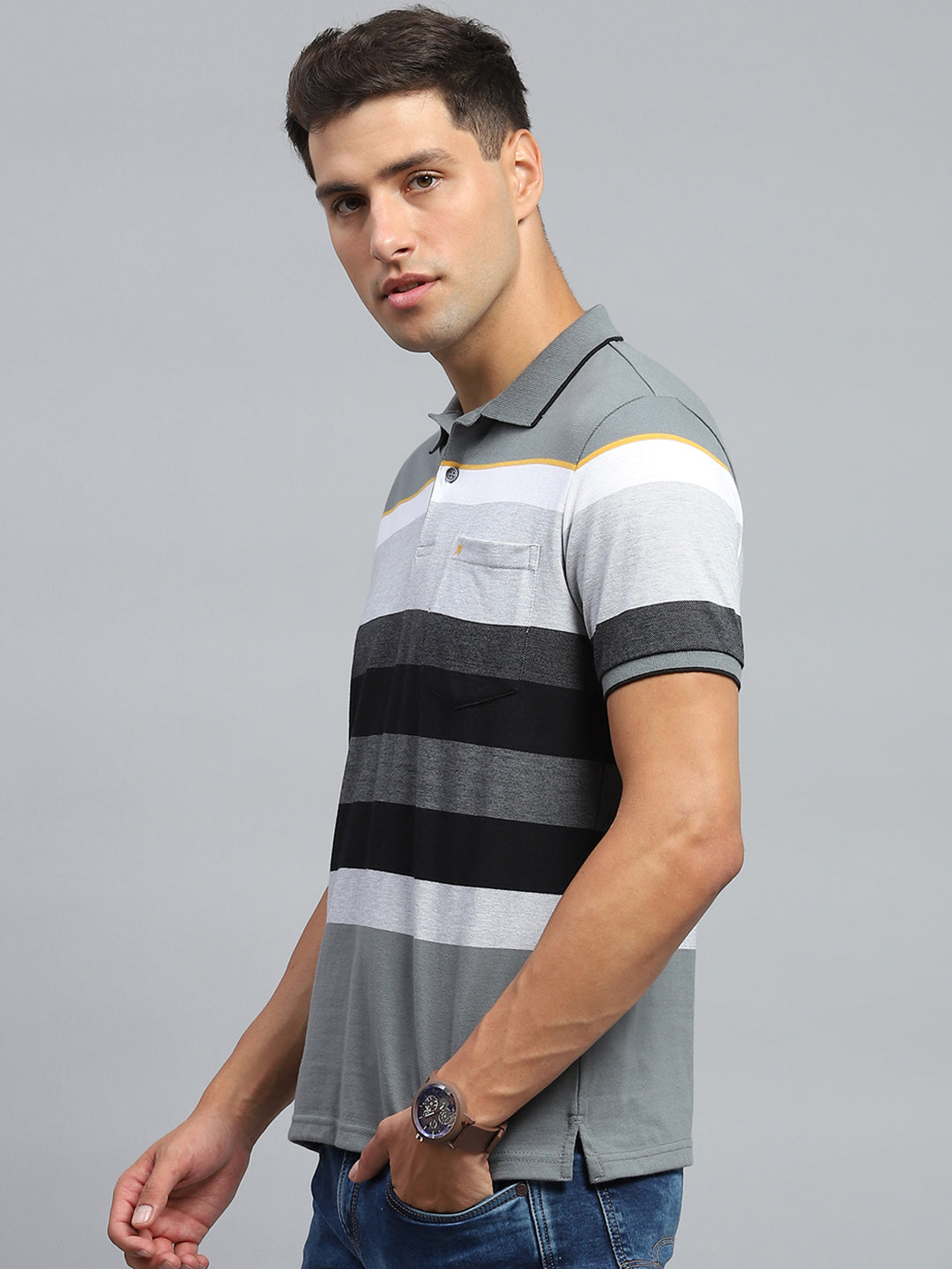 Men Grey Stripe Collar Half Sleeve T-Shirt