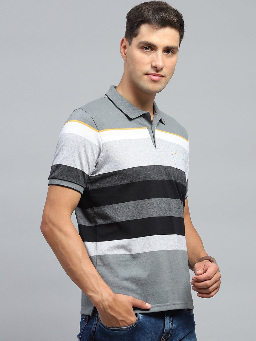 Men Grey Stripe Collar Half Sleeve T-Shirt