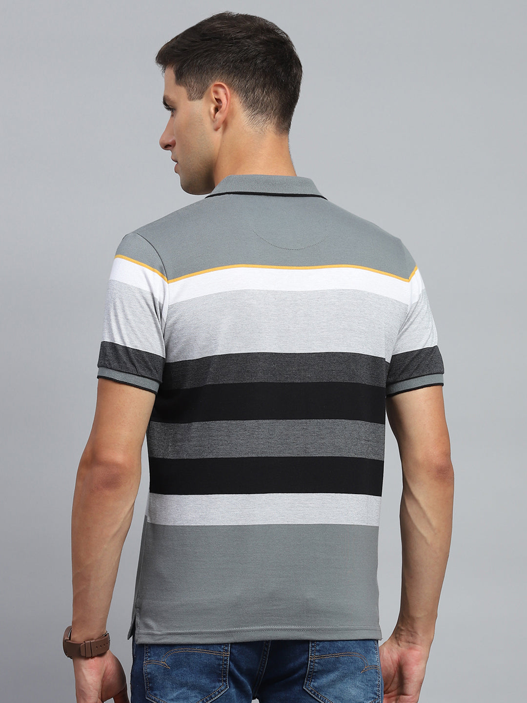 Men Grey Stripe Collar Half Sleeve T-Shirt