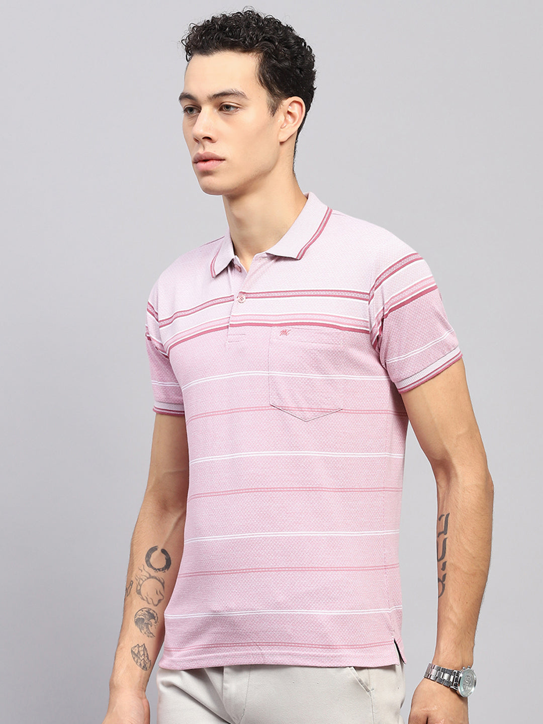 Men Pink Stripe Collar Half Sleeve T-Shirt