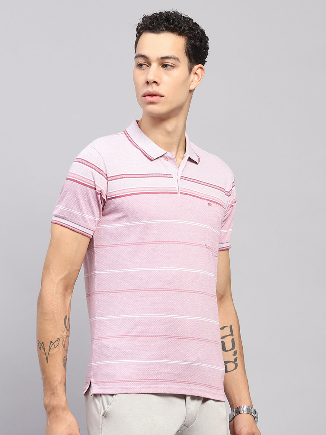 Men Pink Stripe Collar Half Sleeve T-Shirt