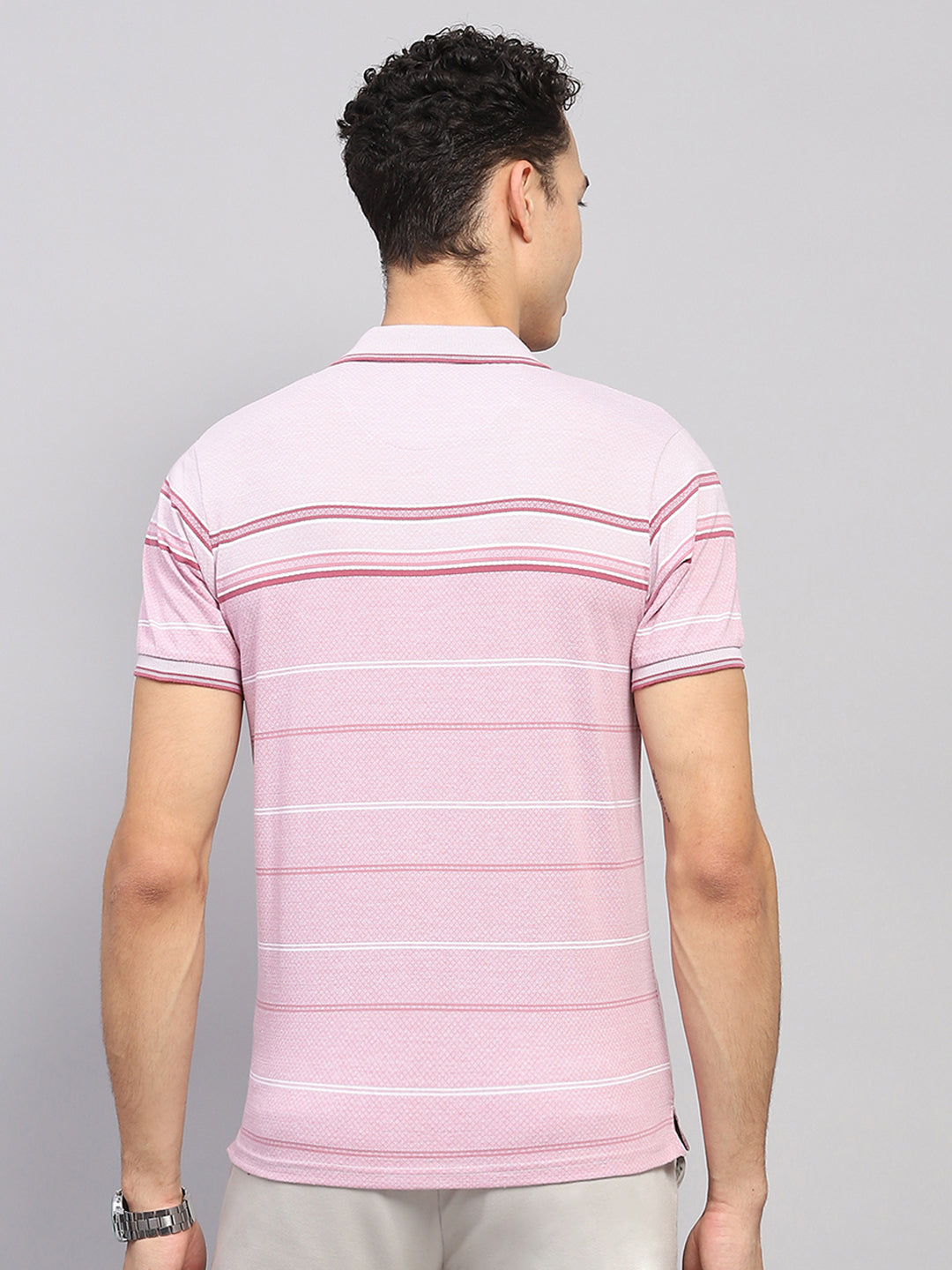 Men Pink Stripe Collar Half Sleeve T-Shirt