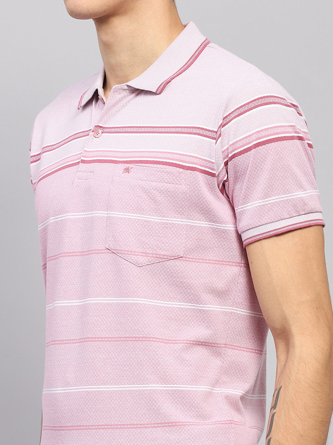 Men Pink Stripe Collar Half Sleeve T-Shirt