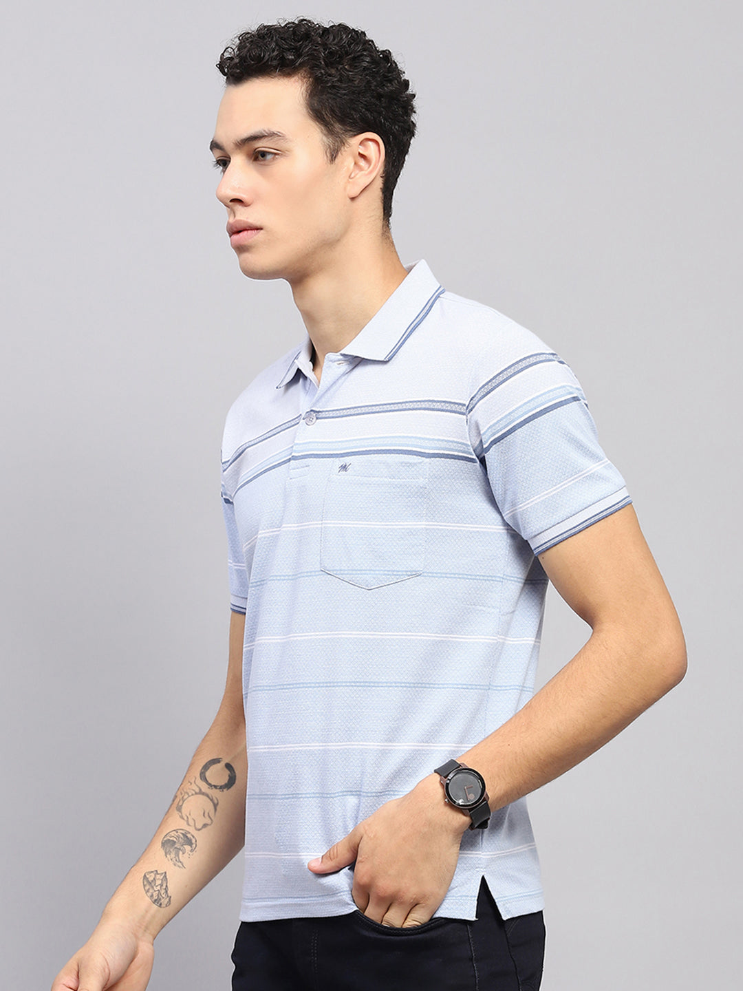 Men Blue Stripe Collar Half Sleeve T-Shirt