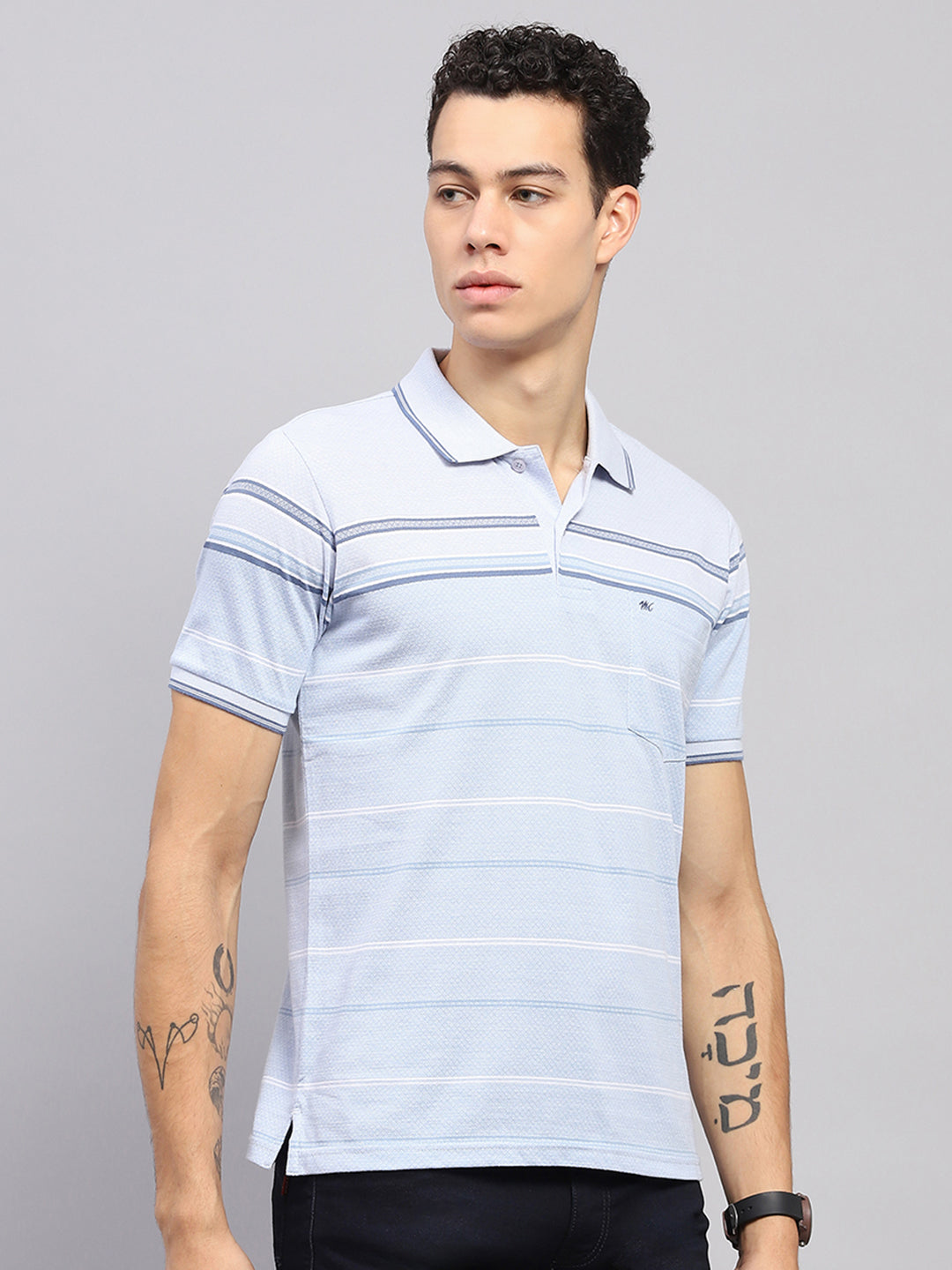 Men Blue Stripe Collar Half Sleeve T-Shirt