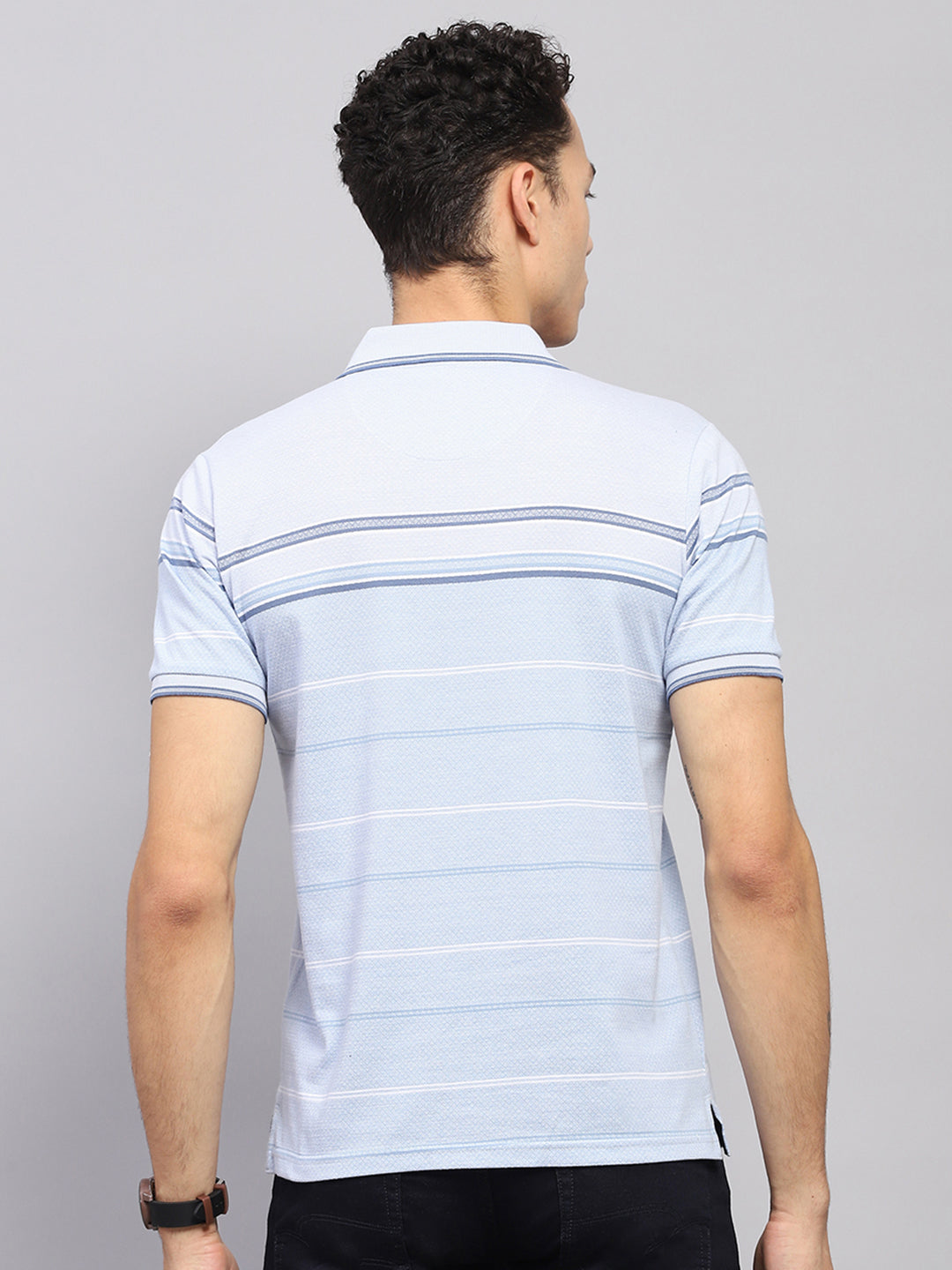 Men Blue Stripe Collar Half Sleeve T-Shirt