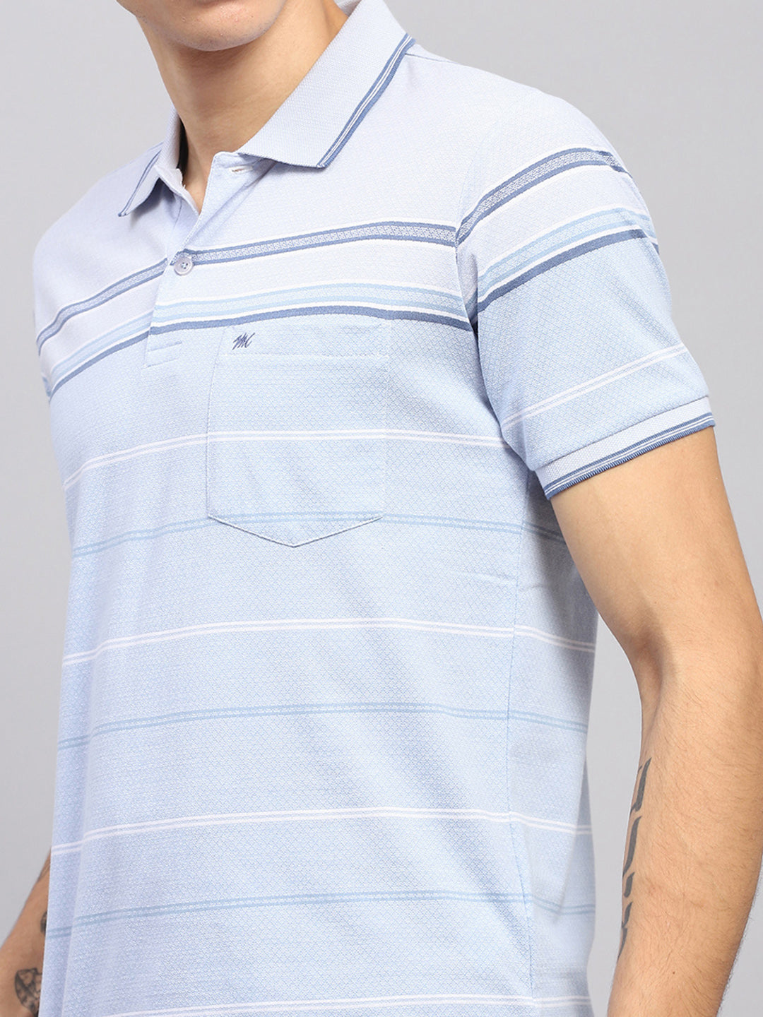 Men Blue Stripe Collar Half Sleeve T-Shirt